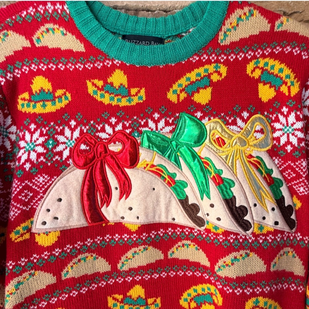 Blizzard Bay Men Small Sweater Taco Sombrero Ugly Christmas Red Green Oversized